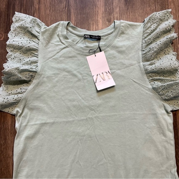 NWT Zara Green Day Ruffle Short Sleeves Round Neck Top T Shirt Size M - Picture 5 of 9